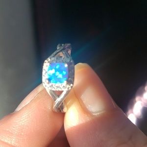 Blue Opal and diamond silver ring